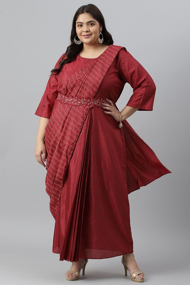 Buy Plus Size Maroon Insta Saree Dress With Embroidered Belt Online - W for  Woman